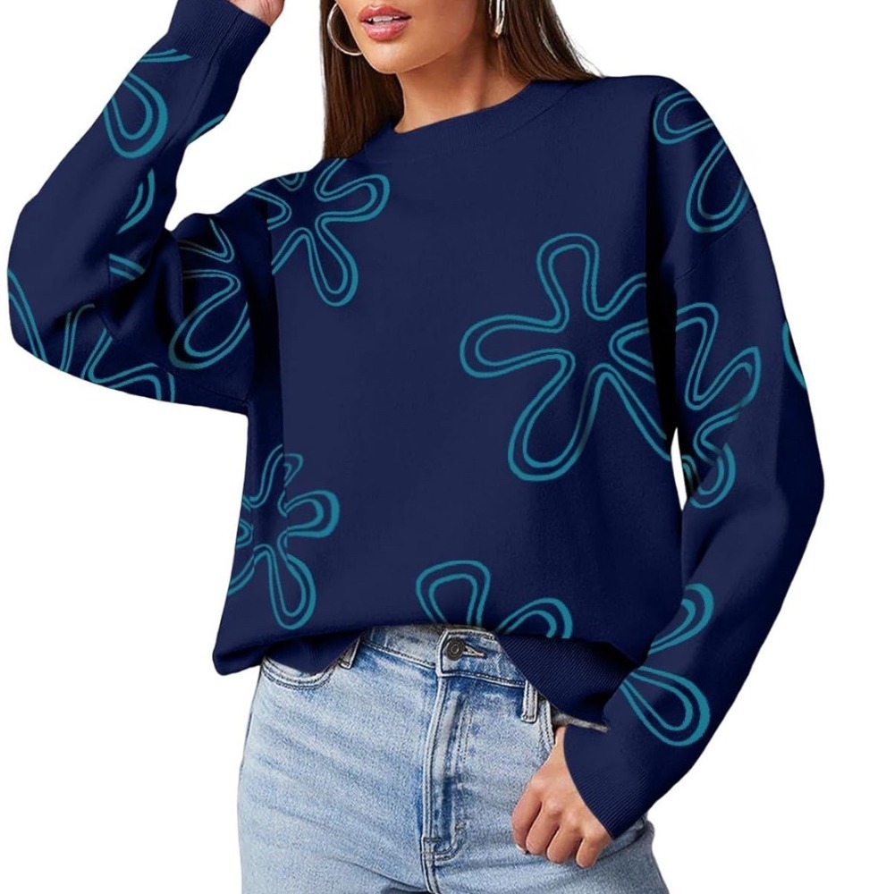 Dokotoo Floral Crewneck Sweater Women 2XL New Navy Blue Long Sleeve Knit Top